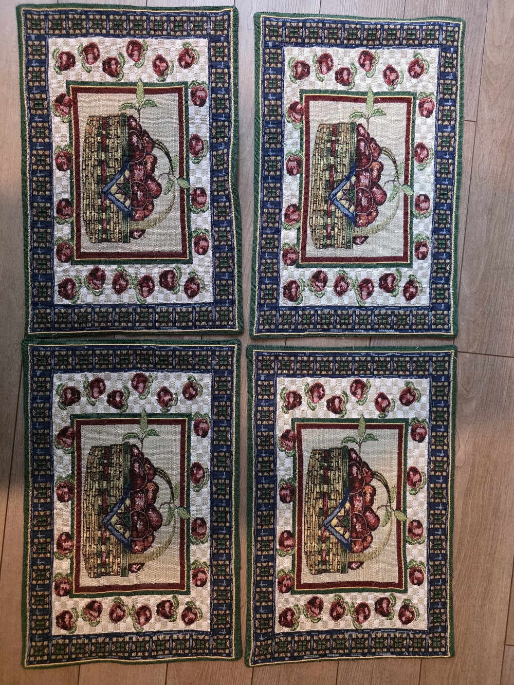 Vintage Red & Green Fruit Basket Tapestry Wall Panels - Set of 4